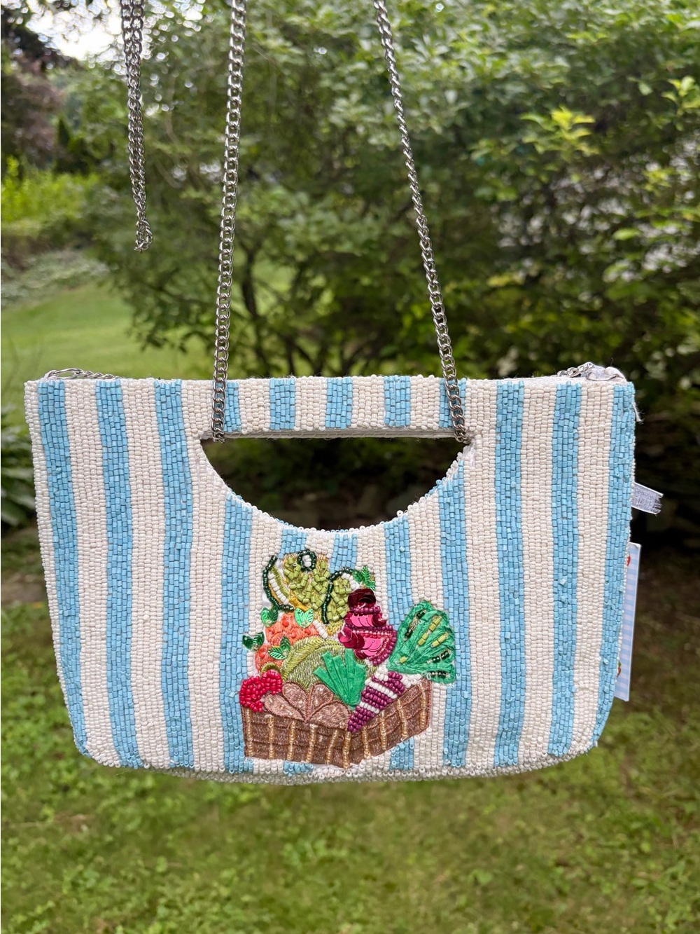 Brand NWT Viral Blue and White Striped Vegetable Beaded Bag!